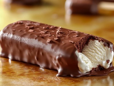 Chocolate-covered vanilla ice cream on a wooden stick Chocolate-covered vanilla ice cream on a wooden stick.