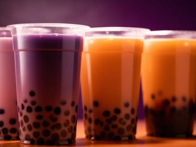 Plastic cups of tasty bubble tea on purple background, generative ai Plastic cups of tasty bubble tea on purple background, generative ai